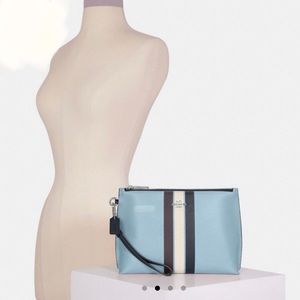 NEW Coach Rowan Soft Leather Pouch Colorblock Wristlet Stripe Waterfall Midnight